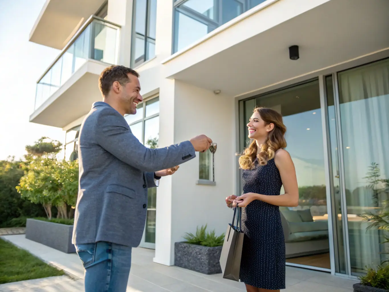 A professional real estate agent handing over keys to a new tenant in front of a well-maintained multi-family property, symbolizing successful tenant placement.