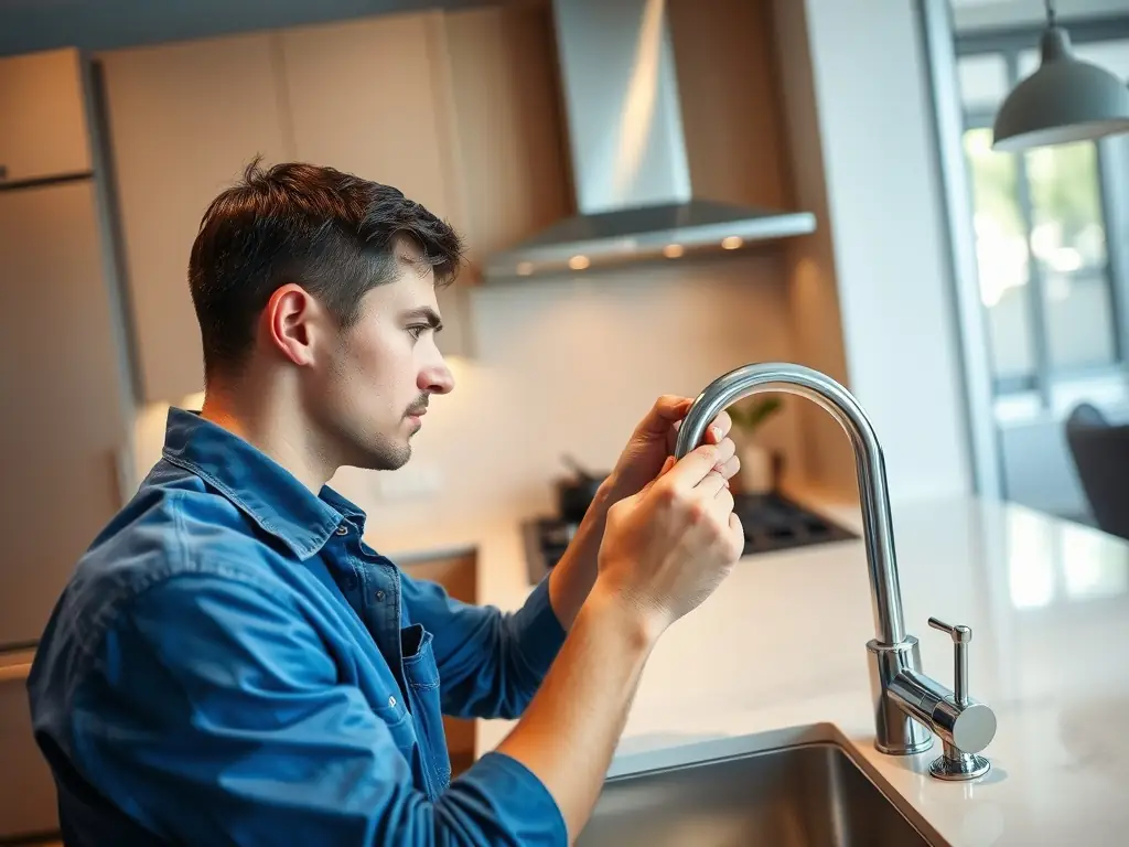 A maintenance worker repairing a faucet in an apartment, showcasing Palmeida's commitment to proactive and responsive property maintenance.