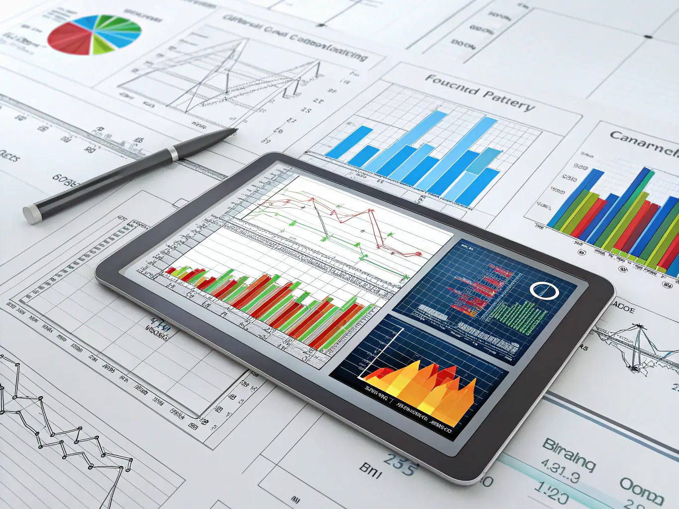 A digital illustration of data charts and graphs overlaid on a blueprint of a building, representing Palmeida's data-driven approach to asset management and strategic decision-making.