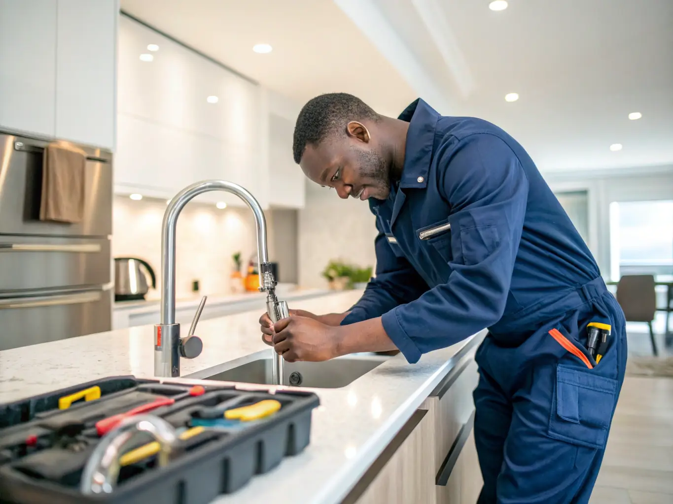 A maintenance worker is efficiently repairing a faucet in an apartment, with a focus on professionalism and quick service. The setting is a clean and well-maintained residential unit.