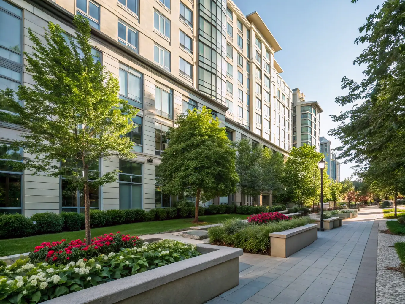 A professional photograph of a modern multi-family residential building in Ontario, showcasing well-maintained landscaping and a welcoming entrance, symbolizing Palmeida's commitment to property upkeep and tenant satisfaction.