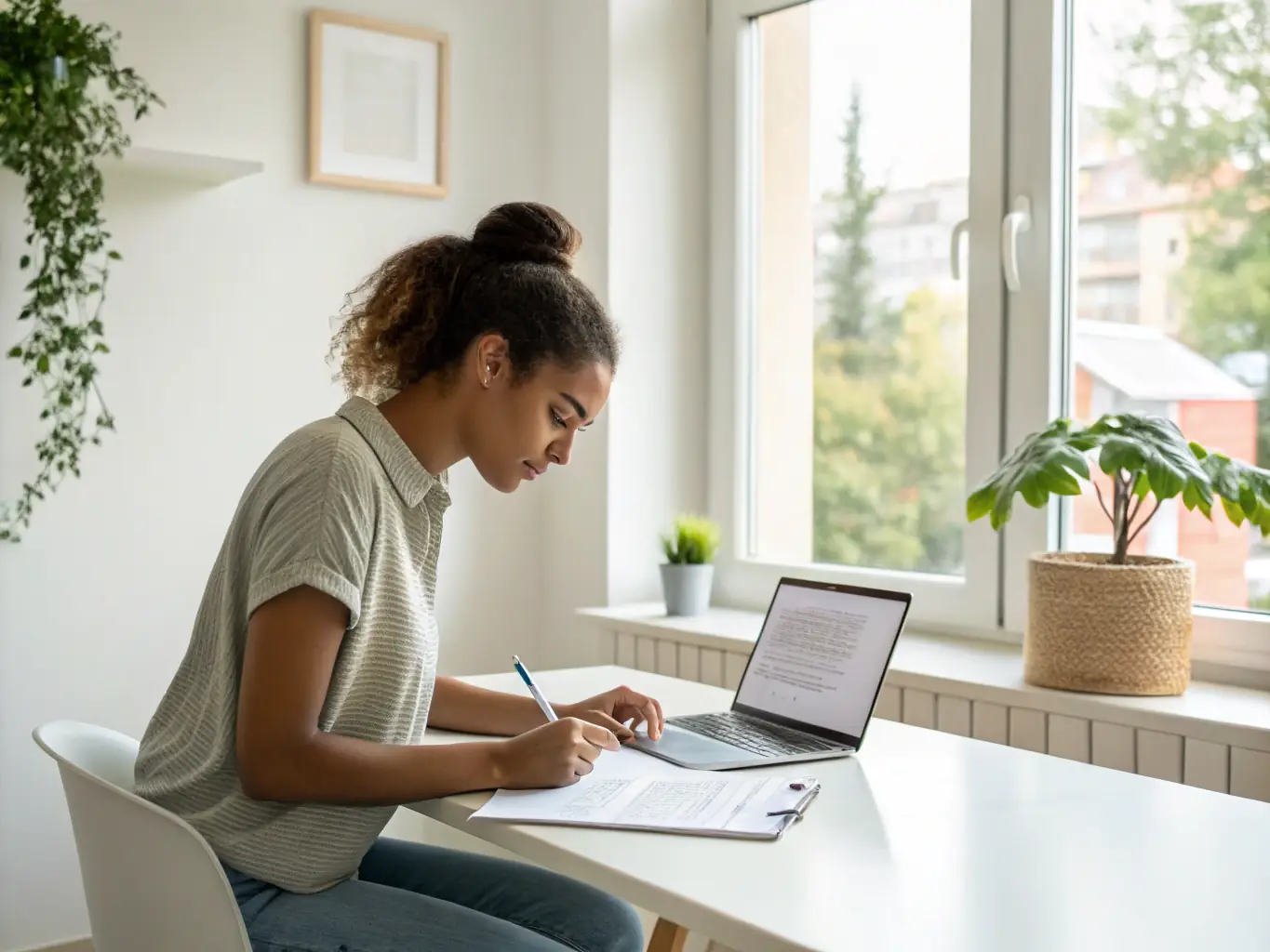 A person is filling out a rental application form at a desk with a laptop and documents, in a well-lit, modern apartment setting. The scene conveys ease and efficiency.
